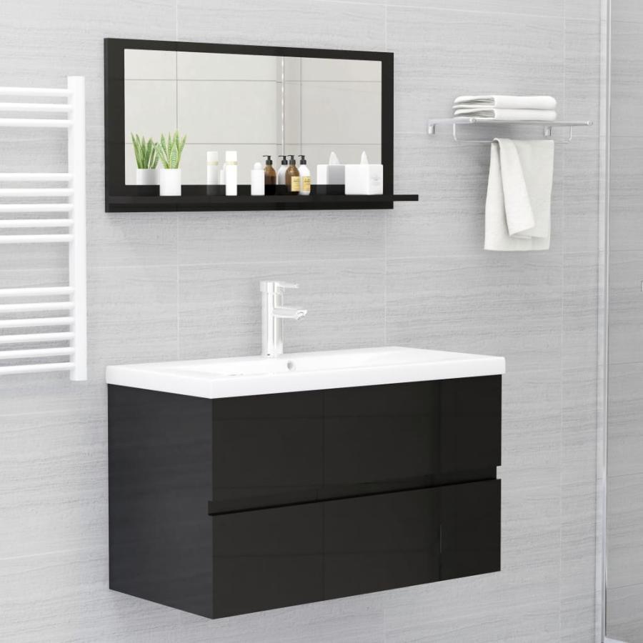 Oglindă de baie, negru extralucios, 80 x 10,5 x 37 cm PAL