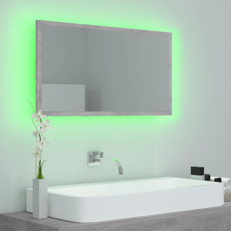 Oglindă de baie cu LED, gri beton, 80x8,5x37 cm, lemn prelucrat