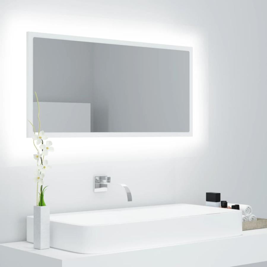 Oglindă de baie cu LED, alb, 90x8,5x37 cm, lemn prelucrat