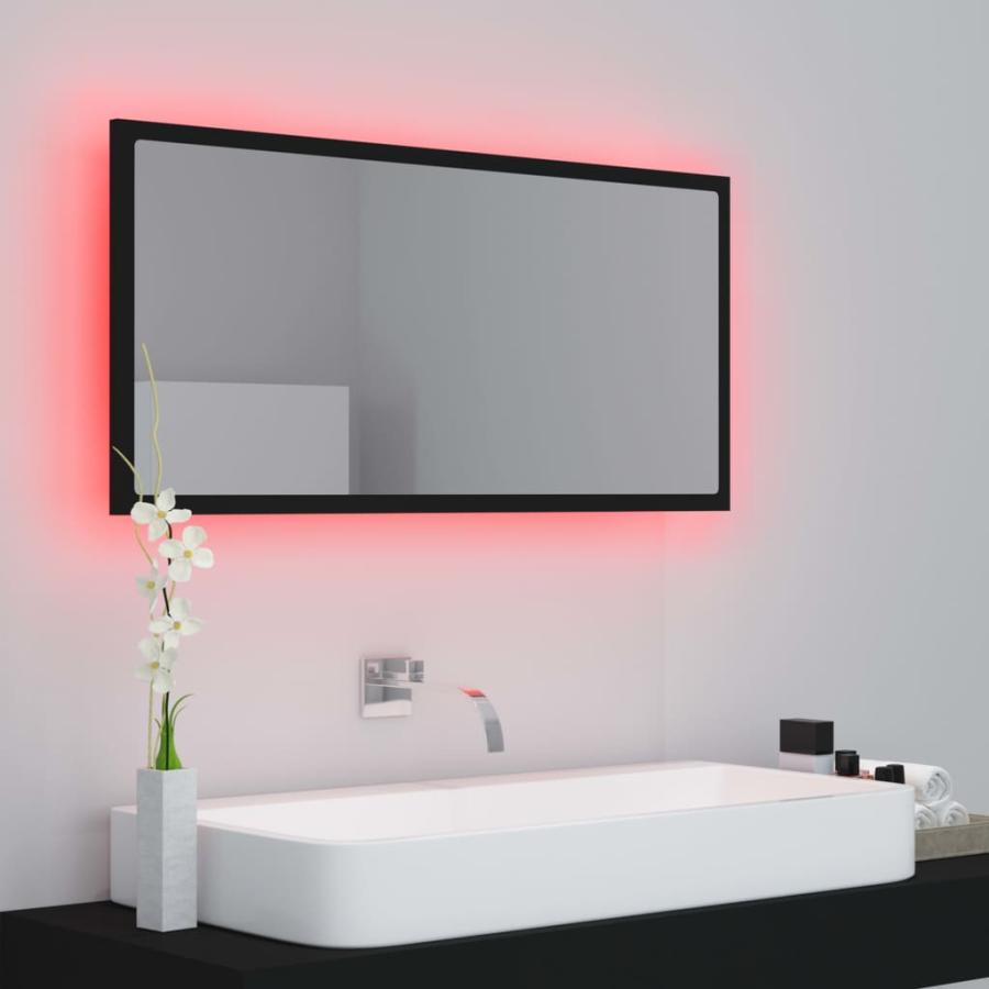 Oglindă de baie cu LED, negru, 90x8,5x37 cm, lemn prelucrat
