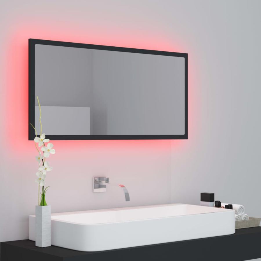 Oglindă de baie cu LED, gri, 90x8,5x37 cm, lemn prelucrat