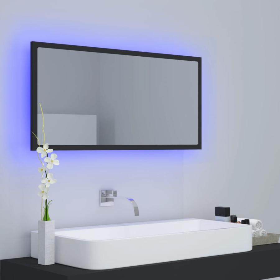 Oglindă de baie cu LED, gri, 90x8,5x37 cm, lemn prelucrat