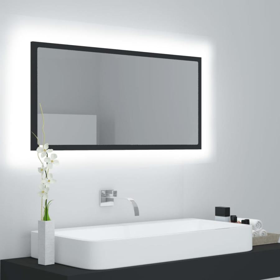 Oglindă de baie cu LED, gri, 90x8,5x37 cm, lemn prelucrat
