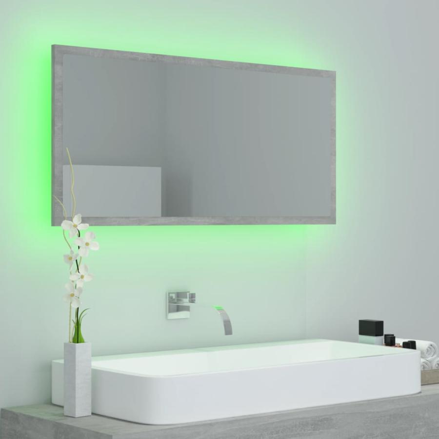 Oglindă de baie cu LED, gri beton, 90x8,5x37 cm, lemn prelucrat