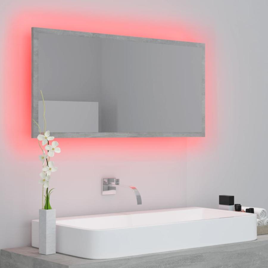 Oglindă de baie cu LED, gri beton, 90x8,5x37 cm, lemn prelucrat