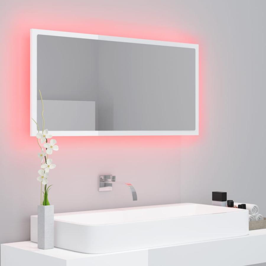 Oglindă de baie cu LED, alb extralucios, 90x8,5x37 cm