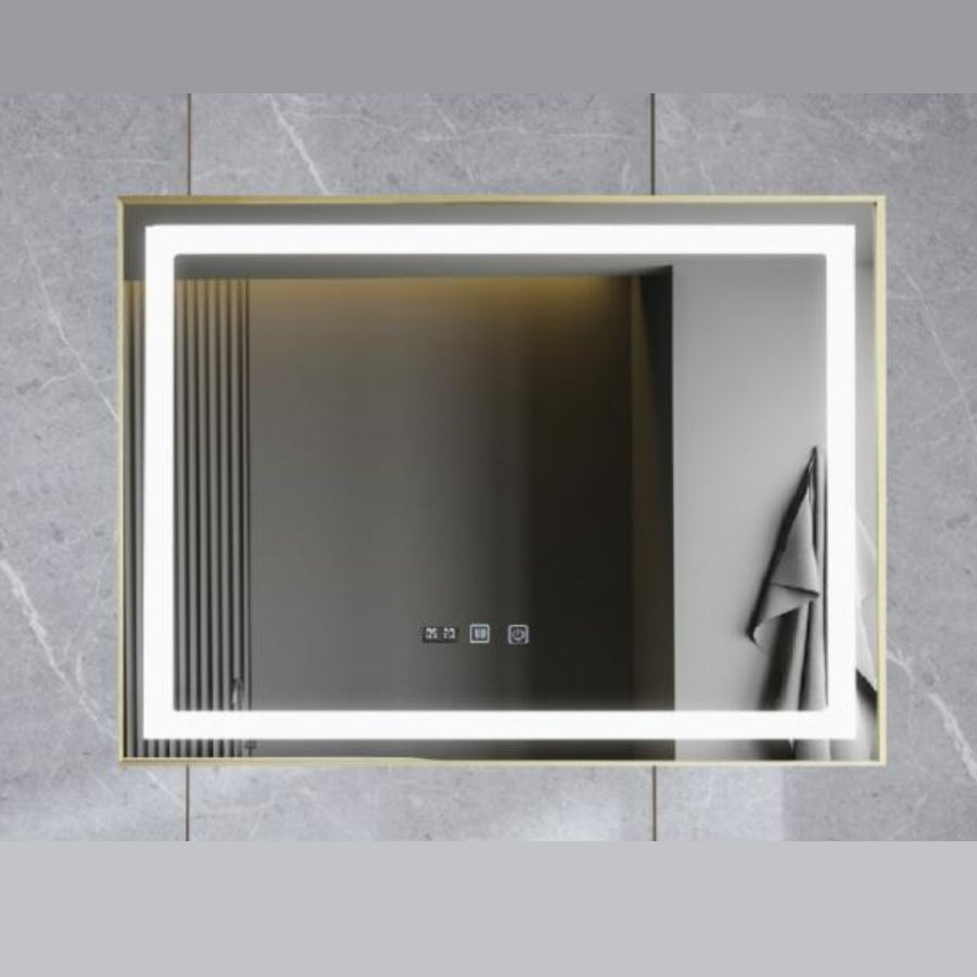 Oglinda LED Touch cu Funcție Dezaburire si Ceas Rama Aurie 100x65 cm